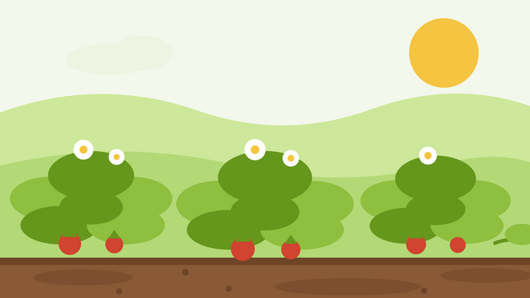 Cómo cultivar fresas alpinas desde semilla — ilustración plana de plantas de Fragaria vesca con flores blancas, pequeñas bayas rojas y un estolón sobre el suelo