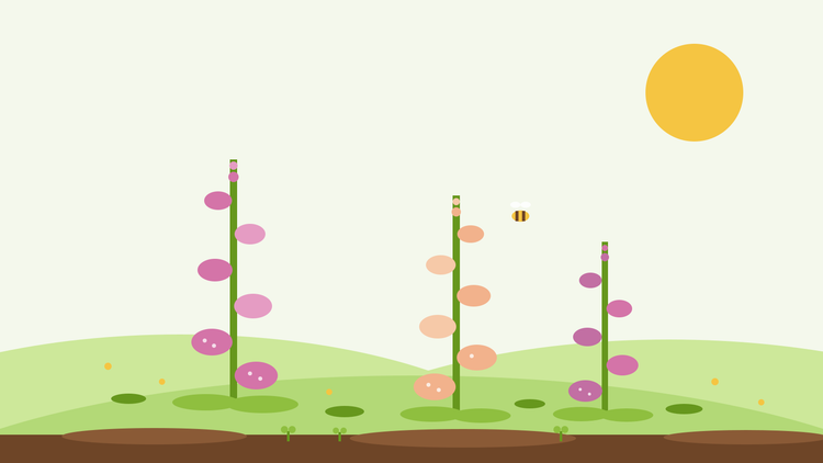 Cómo cultivar dedaleras desde semilla — ilustración plana de espigas de dedalera rosa y melocotón con un abejorro en un jardín verde, de SeedsChoice