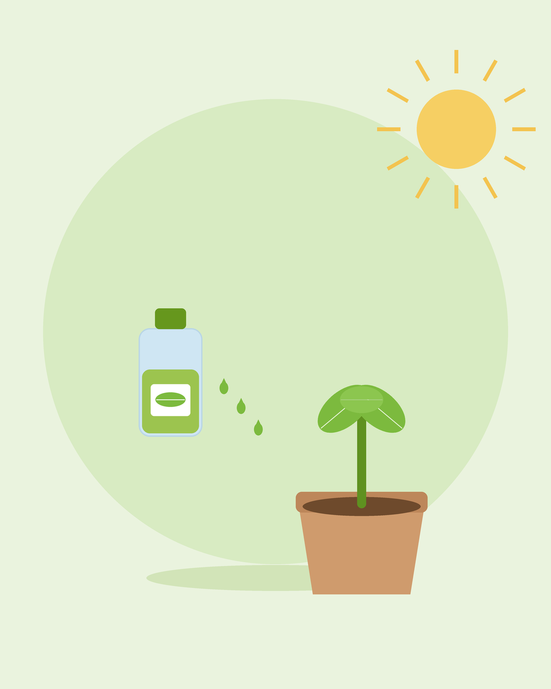 Ilustração plana de um frasco de adubo líquido com gotas ao lado de uma plântula em vaso — nutrição e fertilização de plantas, da SeedsChoice