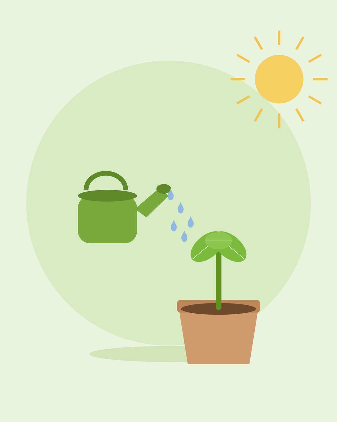 Ilustración plana de una regadera verde regando una plántula en maceta — cómo regar tu jardín, de SeedsChoice