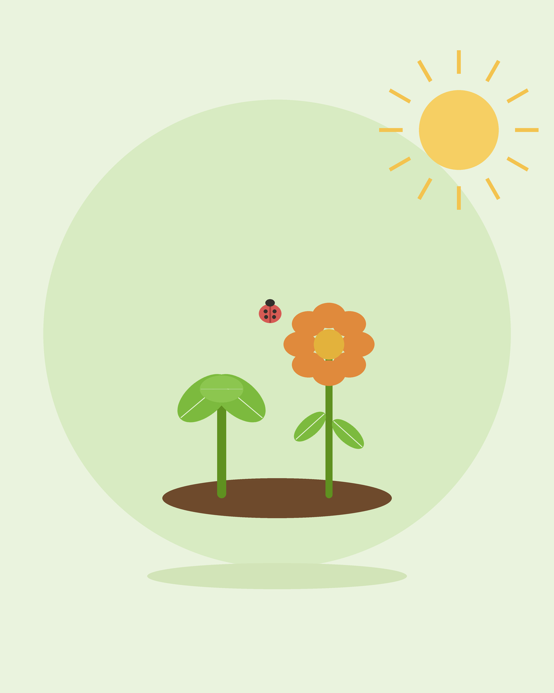 Ilustração plana de um vegetal e uma flor a crescer lado a lado com uma joaninha — plantação em associação, da SeedsChoice