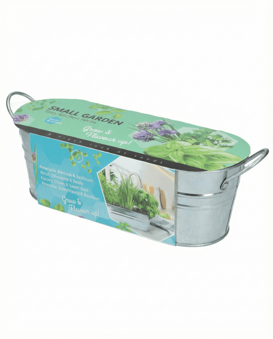 Kit de cozinha com sementes de manjericão, cebolinho e salsa com balde galvanizado e terra – ervas aromáticas da SeedsChoice